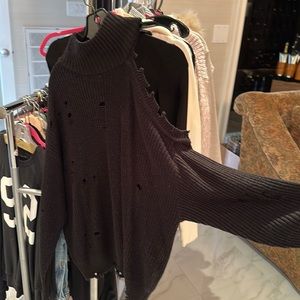 black cut out shoulder distressed sweater